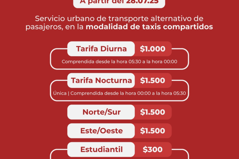 DESDE HOY LUNES 28 DE JULIO RIGE NUEVO CUADRO TARIFARIO DE REMISES EN SAN PEDRO